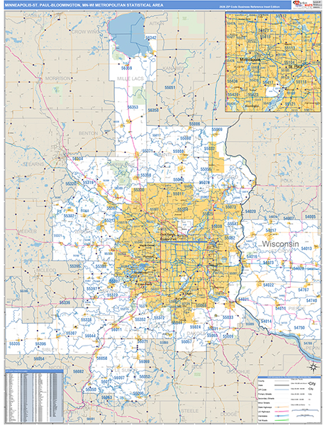 Minneapolis-St. Paul-Bloomington Metro Area Wall Map Basic Style
